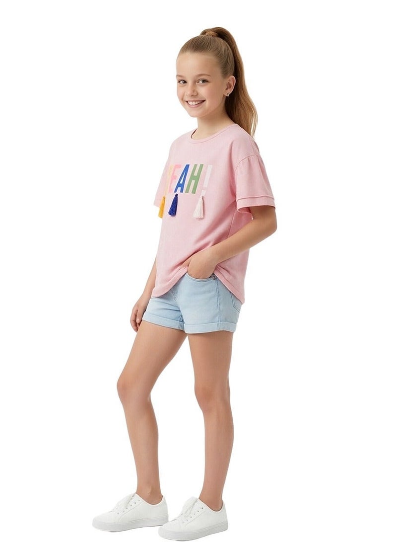 WiNi BEE Cute Pink Girls T-Shirt with “YEAH” Print & Tassel Trim, Short Sleeve Casual Top for Ages 8-10-12-14-16 Years - Image 4